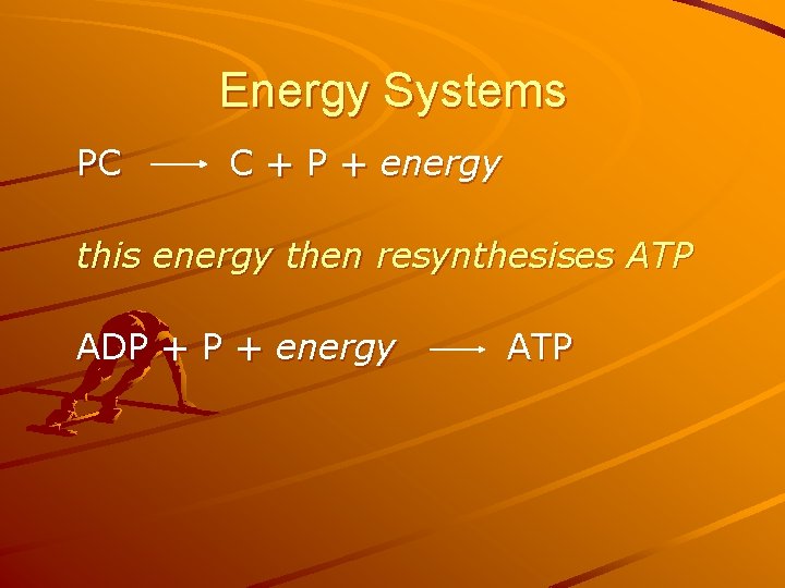 Energy Systems PC C + P + energy this energy then resynthesises ATP ADP