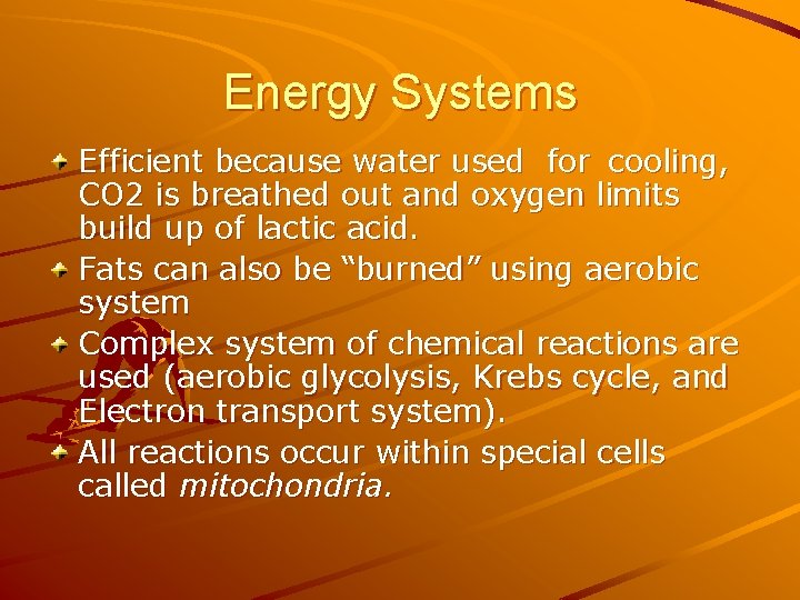 Energy Systems Efficient because water used for cooling, CO 2 is breathed out and