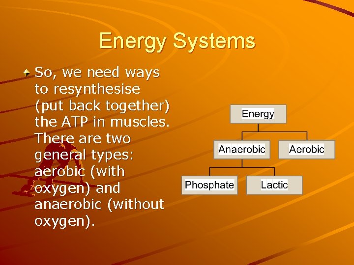Energy Systems So, we need ways to resynthesise (put back together) the ATP in