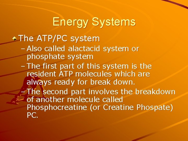 Energy Systems The ATP/PC system – Also called alactacid system or phosphate system –