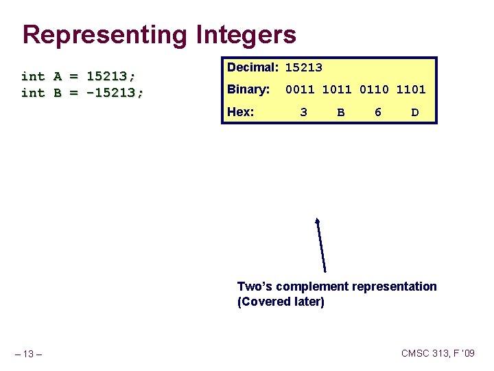 Representing Integers int A = 15213; int B = -15213; Decimal: 15213 Binary: Hex: