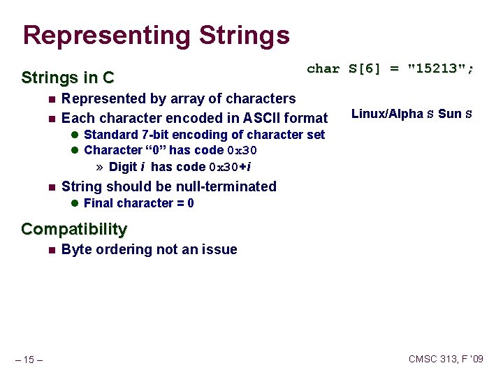 Representing Strings in C char S[6] = "15213"; Represented by array of characters Each