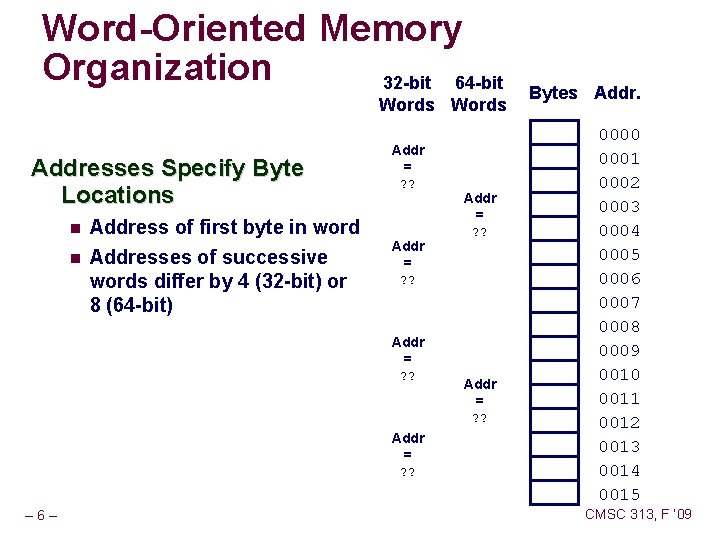 Word-Oriented Memory Organization 32 -bit 64 -bit Words Addresses Specify Byte Locations Addr =