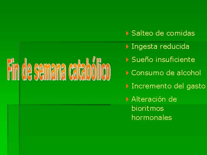 4 Salteo de comidas 4 Ingesta reducida 4 Sueño insuficiente 4 Consumo de alcohol