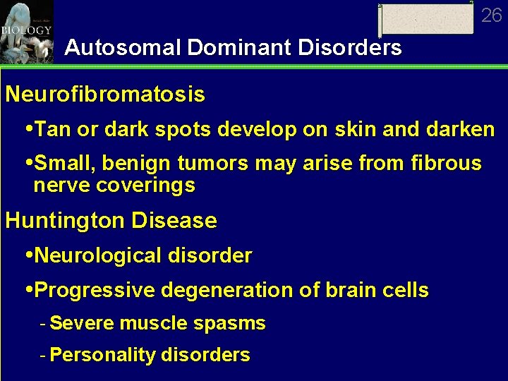 26 Autosomal Dominant Disorders Neurofibromatosis Tan or dark spots develop on skin and darken