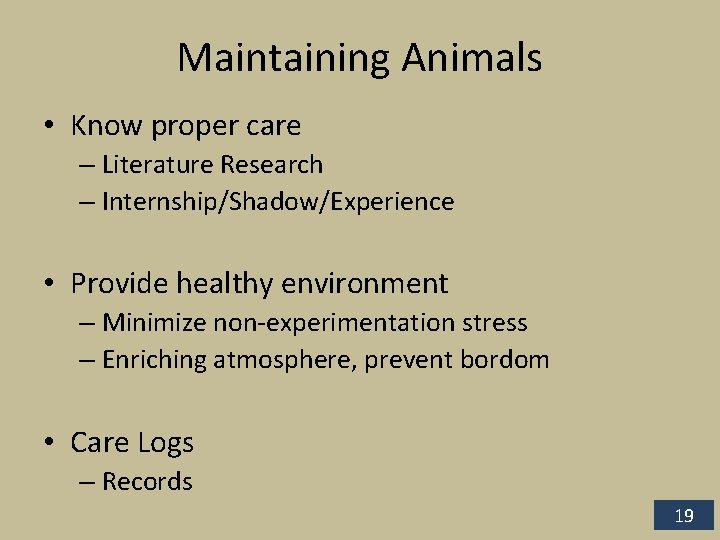 Maintaining Animals • Know proper care – Literature Research – Internship/Shadow/Experience • Provide healthy