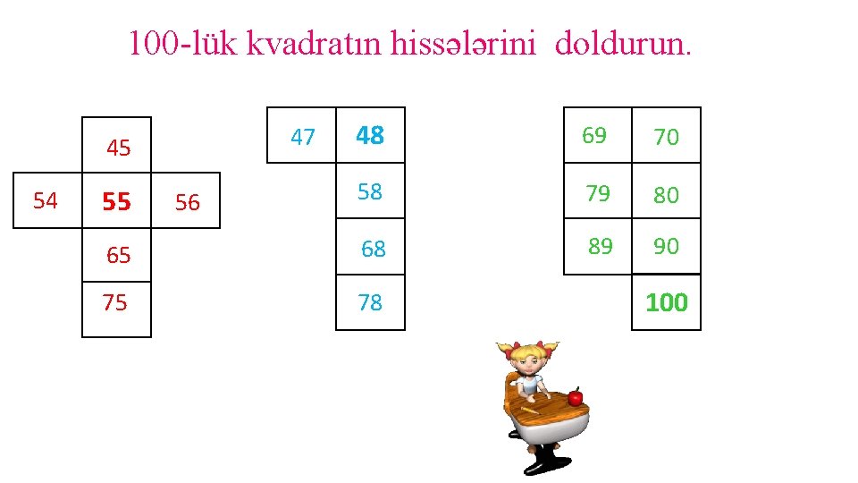 100 -lük kvadratın hissələrini doldurun. 48 69 70 58 79 80 65 68 89