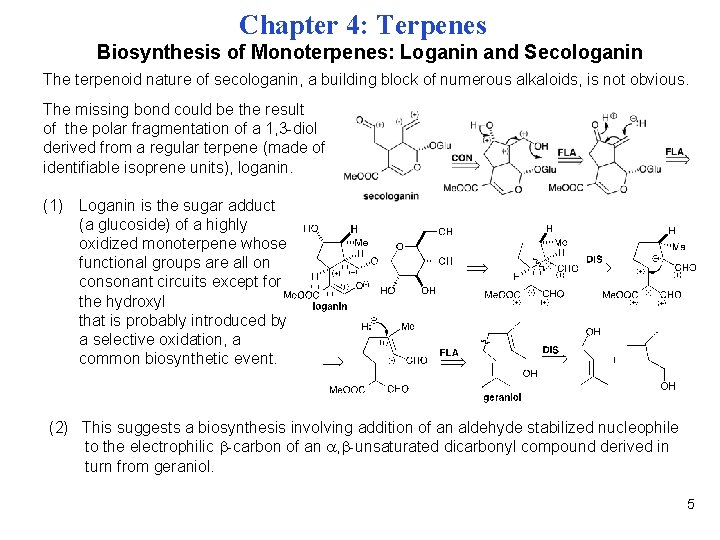 Chapter 4: Terpenes Biosynthesis of Monoterpenes: Loganin and Secologanin The terpenoid nature of secologanin,