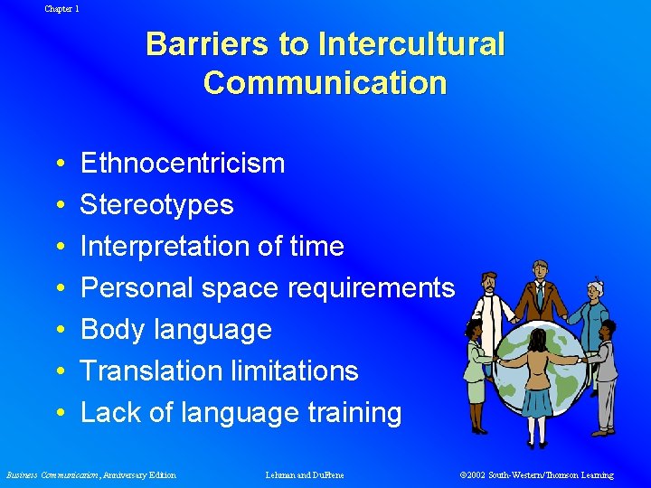 Chapter 1 Barriers to Intercultural Communication • • Ethnocentricism Stereotypes Interpretation of time Personal