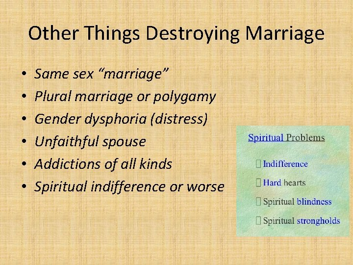 Other Things Destroying Marriage • • • Same sex “marriage” Plural marriage or polygamy