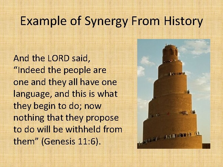 Example of Synergy From History And the LORD said, “Indeed the people are one