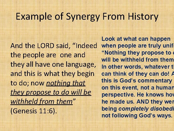 Example of Synergy From History And the LORD said, “Indeed the people are one