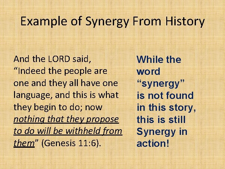 Example of Synergy From History And the LORD said, “Indeed the people are one