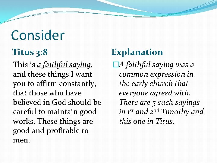 Consider Titus 3: 8 Explanation This is a faithful saying, and these things I