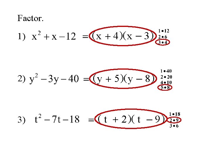 Factor. 1) ( x + 4 )( x 3) 2) ( y + 5