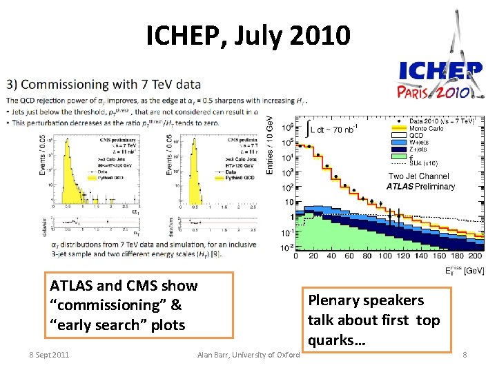 ICHEP, July 2010 ATLAS and CMS show “commissioning” & “early search” plots 8 Sept