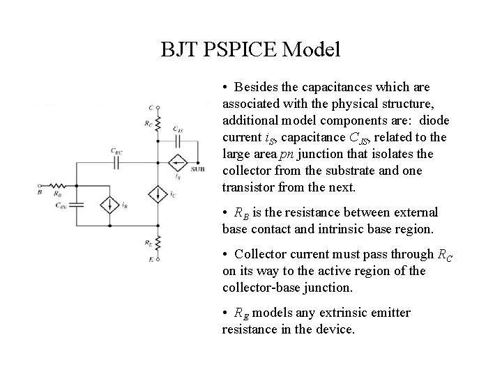 BJT PSPICE Model • Besides the capacitances which are associated with the physical structure,