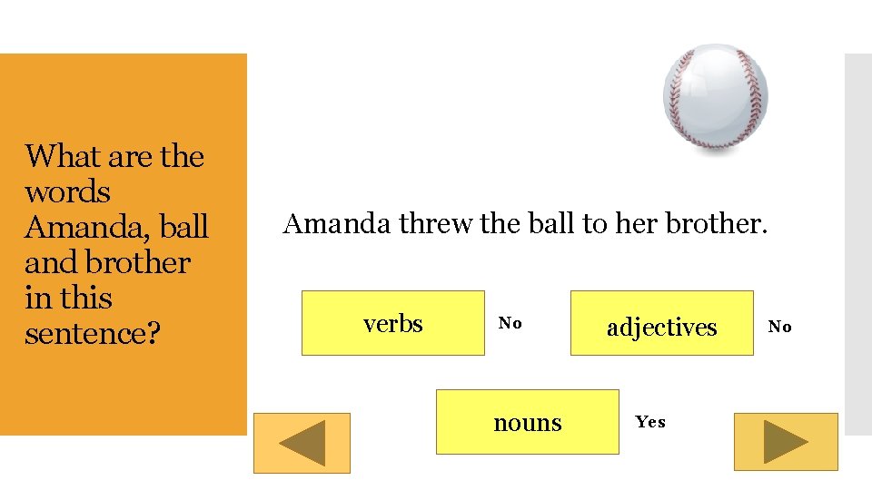 What are the words Amanda, ball and brother in this sentence? Amanda threw the