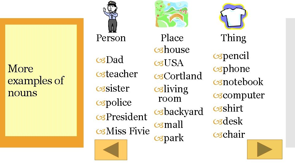 Person More examples of nouns Place house Dad USA teacher Cortland sister living room