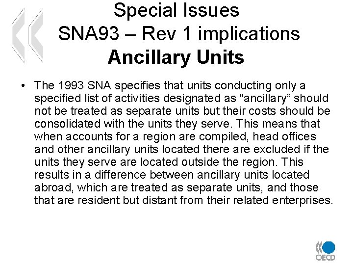 Special Issues SNA 93 – Rev 1 implications Ancillary Units • The 1993 SNA