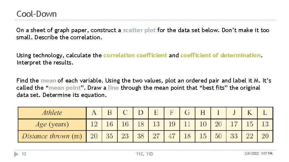 Cool-Down On a sheet of graph paper, construct a scatter plot for the data