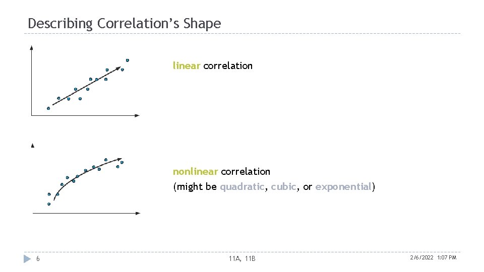 Describing Correlation’s Shape linear correlation nonlinear correlation (might be quadratic, cubic, or exponential) 6