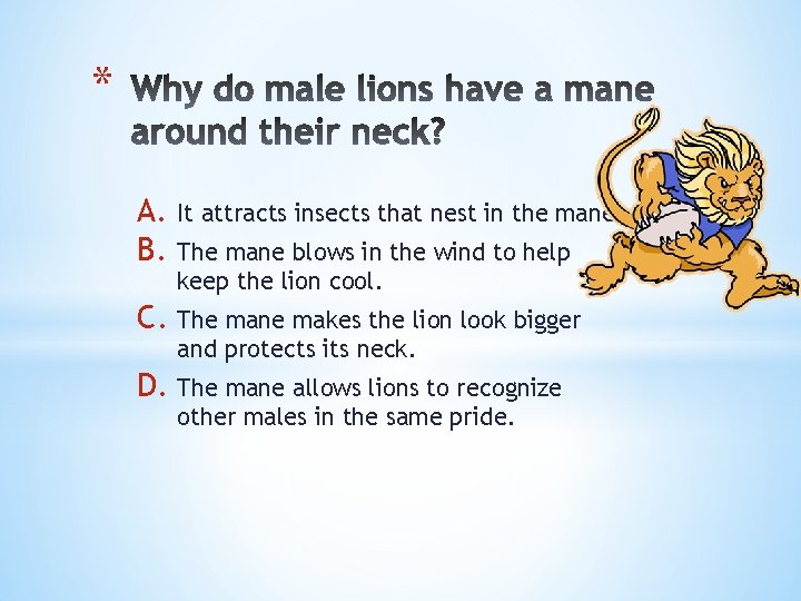 * A. It attracts insects that nest in the mane. B. The mane blows