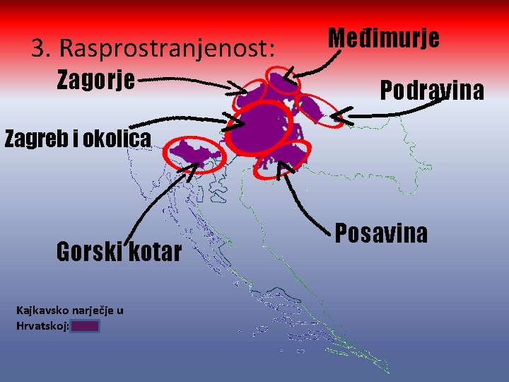 3. Rasprostranjenost: Zagorje Međimurje Podravina Zagreb i okolica Gorski kotar Kajkavsko narječje u Hrvatskoj: