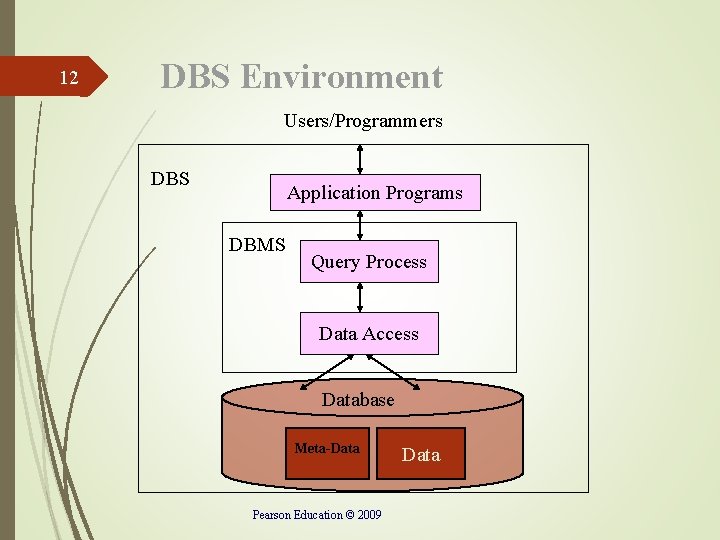 12 DBS Environment Users/Programmers DBS Application Programs DBMS Query Process Data Access Database Meta-Data 12 DBS Environment Users/Programmers DBS Application Programs DBMS Query Process Data Access Database Meta-Data