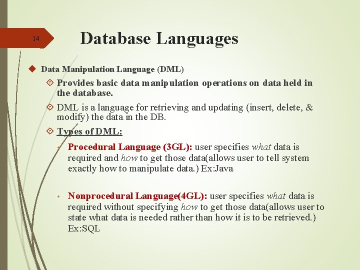 Database Languages 14 u Data Manipulation Language (DML) Provides basic data manipulation operations on Database Languages 14 u Data Manipulation Language (DML) Provides basic data manipulation operations on