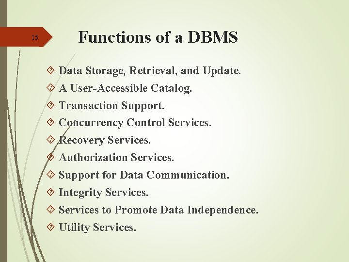 15 Functions of a DBMS Data Storage, Retrieval, and Update. A User-Accessible Catalog. Transaction 15 Functions of a DBMS Data Storage, Retrieval, and Update. A User-Accessible Catalog. Transaction