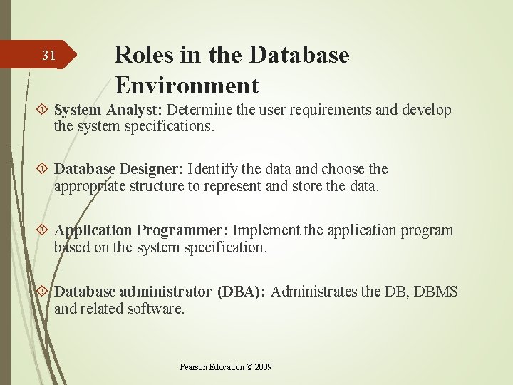 31 Roles in the Database Environment System Analyst: Determine the user requirements and develop 31 Roles in the Database Environment System Analyst: Determine the user requirements and develop