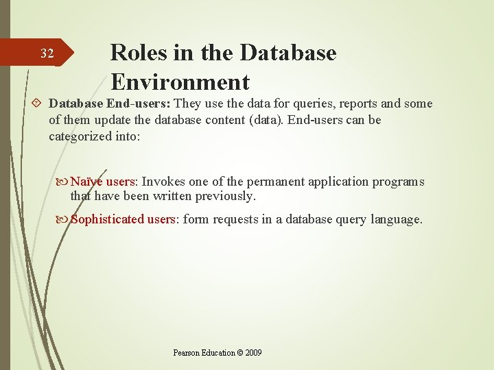 32 Roles in the Database Environment Database End-users: They use the data for queries, 32 Roles in the Database Environment Database End-users: They use the data for queries,