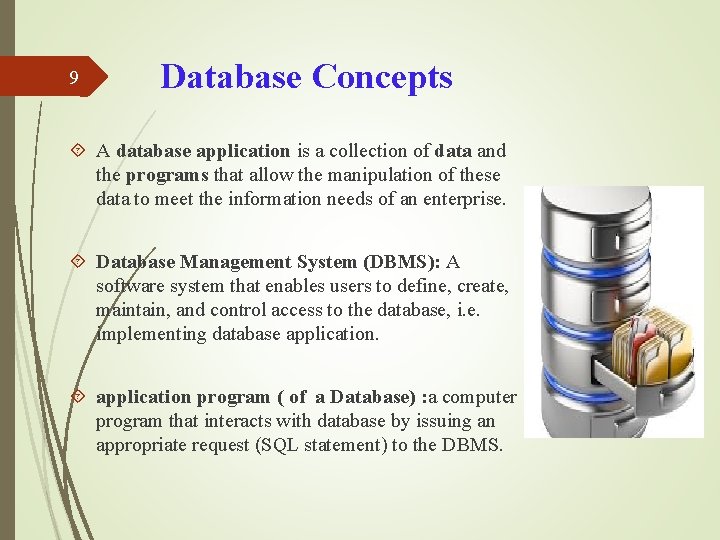 9 Database Concepts A database application is a collection of data and the programs 9 Database Concepts A database application is a collection of data and the programs