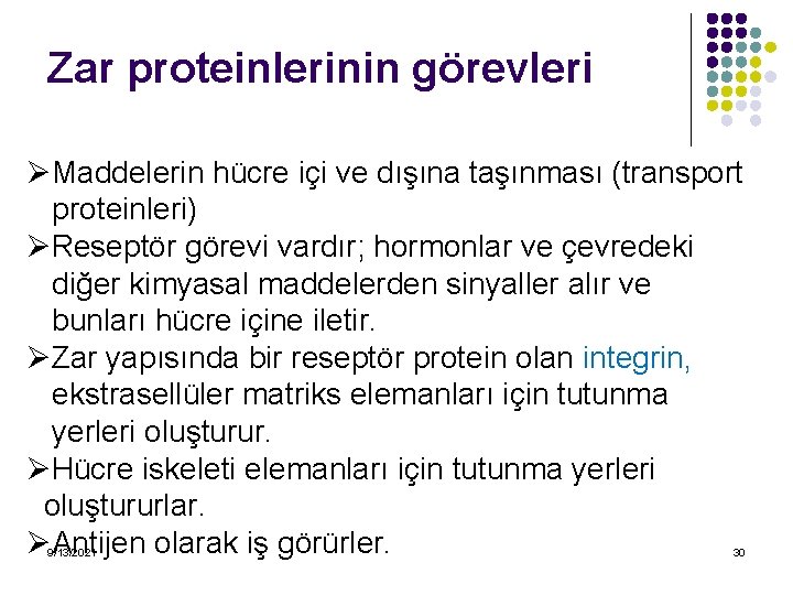 Zar proteinlerinin görevleri ØMaddelerin hücre içi ve dışına taşınması (transport proteinleri) ØReseptör görevi vardır;