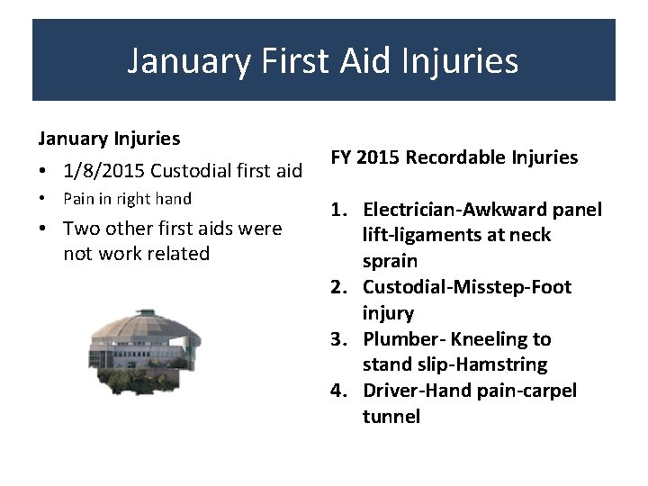 January First Aid Injuries January Injuries • 1/8/2015 Custodial first aid • Pain in