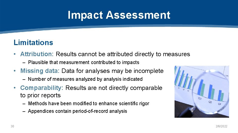 Impact Assessment Limitations • Attribution: Results cannot be attributed directly to measures – Plausible