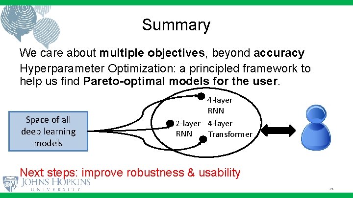 Summary We care about multiple objectives, beyond accuracy Hyperparameter Optimization: a principled framework to Summary We care about multiple objectives, beyond accuracy Hyperparameter Optimization: a principled framework to
