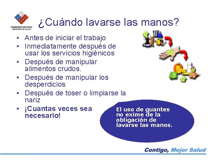 ¿Cuándo lavarse las manos? • Antes de iniciar el trabajo • Inmediatamente después de