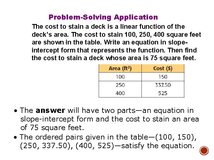 Problem-Solving Application The cost to stain a deck is a linear function of the