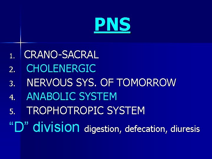 PNS 1. 2. 3. 4. 5. CRANO-SACRAL CHOLENERGIC NERVOUS SYS. OF TOMORROW ANABOLIC SYSTEM