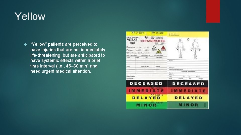 Yellow “Yellow” patients are perceived to have injuries that are not immediately life-threatening, but