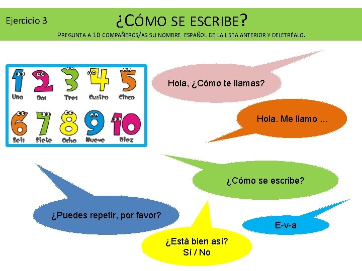 Ejercicio 3 ¿CÓMO SE ESCRIBE? PREGUNTA A 10 COMPAÑEROS/AS SU NOMBRE ESPAÑOL DE LA