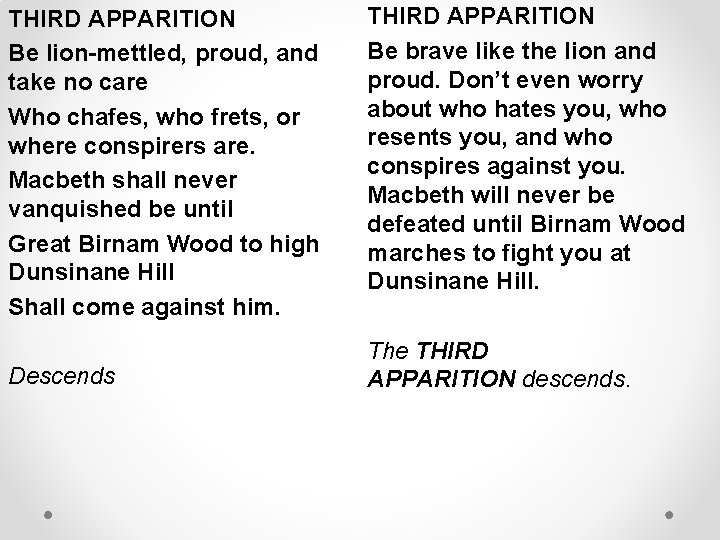 THIRD APPARITION Be lion-mettled, proud, and take no care Who chafes, who frets, or