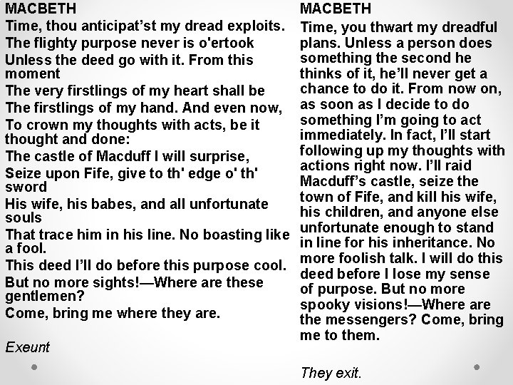 MACBETH Time, thou anticipat’st my dread exploits. The flighty purpose never is o'ertook Unless