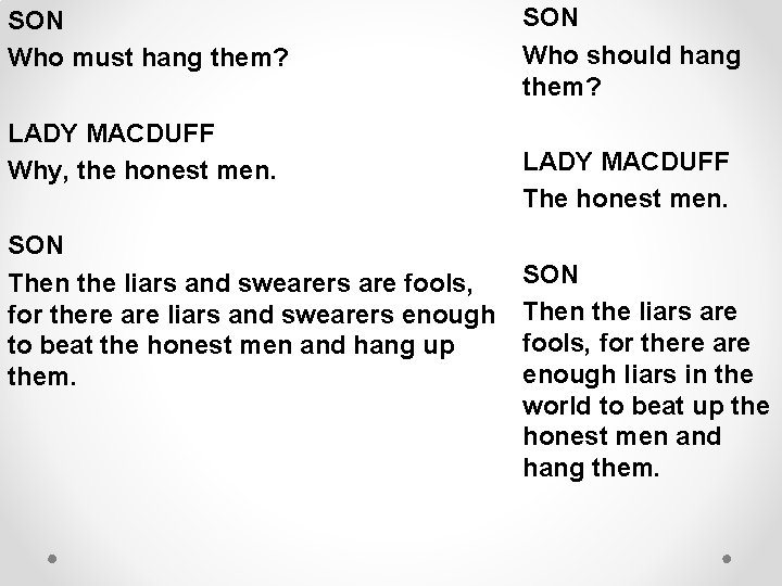 SON Who must hang them? LADY MACDUFF Why, the honest men. SON Then the