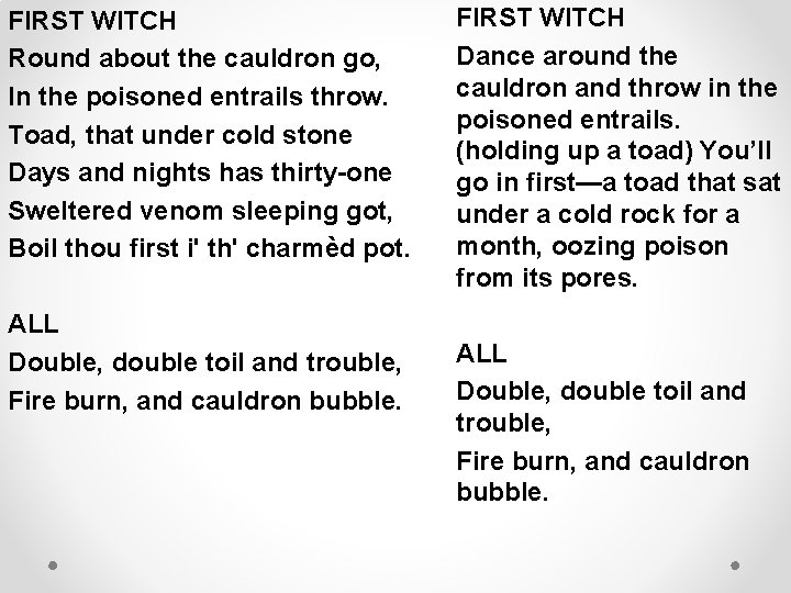 FIRST WITCH Round about the cauldron go, In the poisoned entrails throw. Toad, that