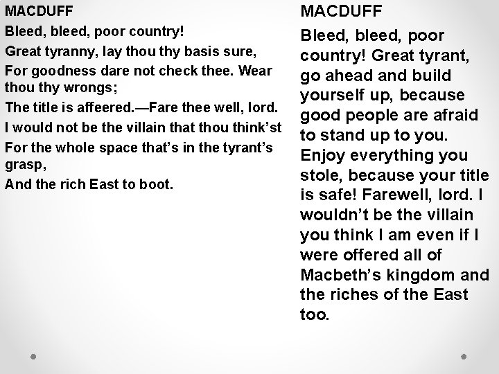 MACDUFF Bleed, bleed, poor country! Great tyranny, lay thou thy basis sure, For goodness