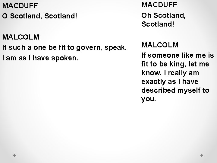 MACDUFF O Scotland, Scotland! MALCOLM If such a one be fit to govern, speak.