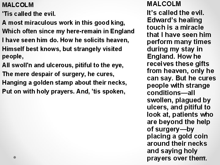 MALCOLM 'Tis called the evil. A most miraculous work in this good king, Which